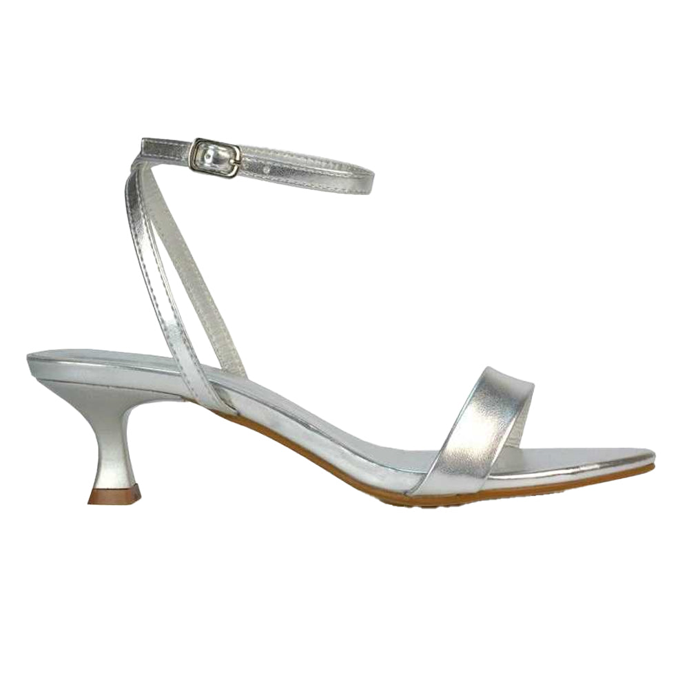Metallic Silver - Side - XY London Womens-Ladies Antonia Metallic Strappy Low Kitten Heel Sandals