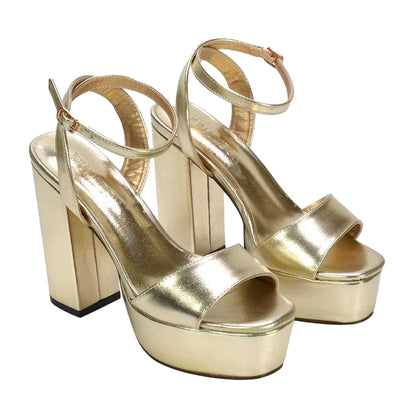 Metallic Gold - Pack Shot - XY London Womens-Ladies Jayce Metallic Strappy High Block Heel Sandals
