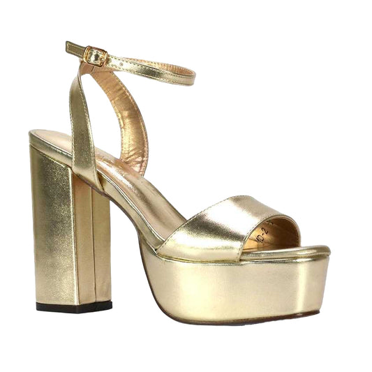 Metallic Gold - Front - XY London Womens-Ladies Jayce Metallic Strappy High Block Heel Sandals