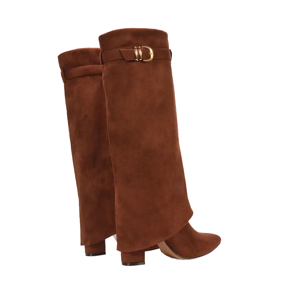 Brown - Back - XY London Womens-Ladies Aaliyah Folded Collar Zipped Knee-High Boots