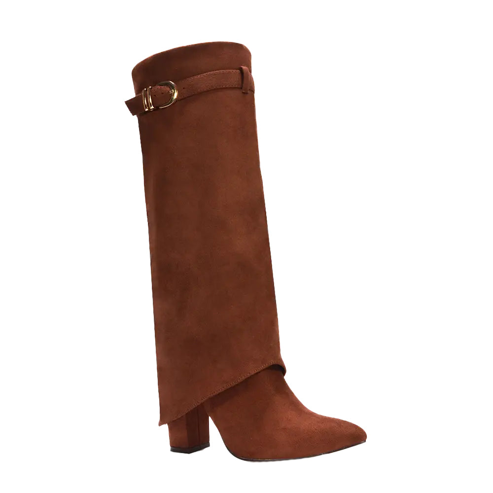 Brown - Side - XY London Womens-Ladies Aaliyah Folded Collar Zipped Knee-High Boots