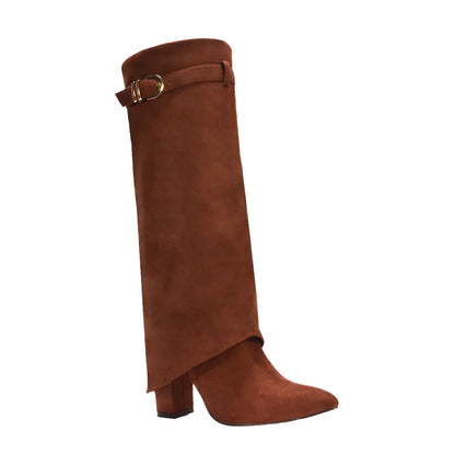 Brown - Side - XY London Womens-Ladies Aaliyah Folded Collar Zipped Knee-High Boots