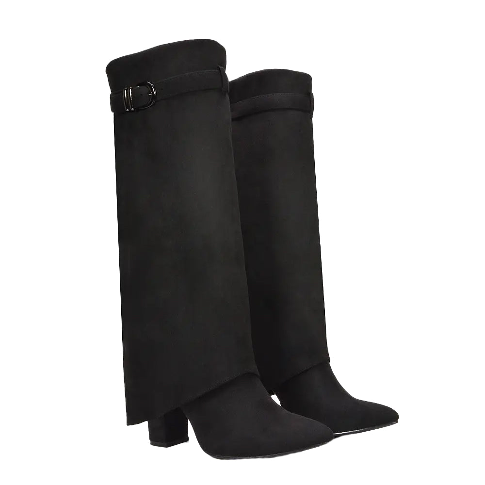 Jet Black - Front - XY London Womens-Ladies Aaliyah Folded Collar Zipped Knee-High Boots