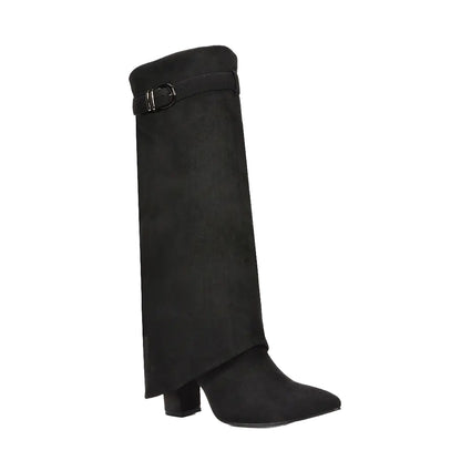 Jet Black - Side - XY London Womens-Ladies Aaliyah Folded Collar Zipped Knee-High Boots