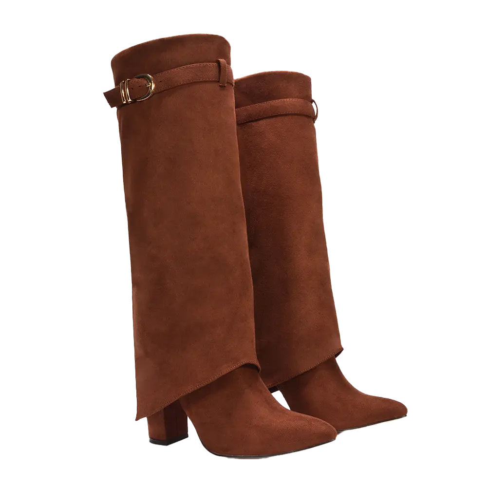 Brown - Front - XY London Womens-Ladies Aaliyah Folded Collar Zipped Knee-High Boots