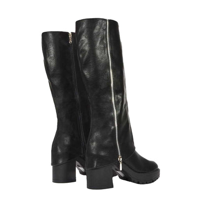 Black - Back - XY London Womens-Ladies Juliana Folded Collar Knee-High Boots