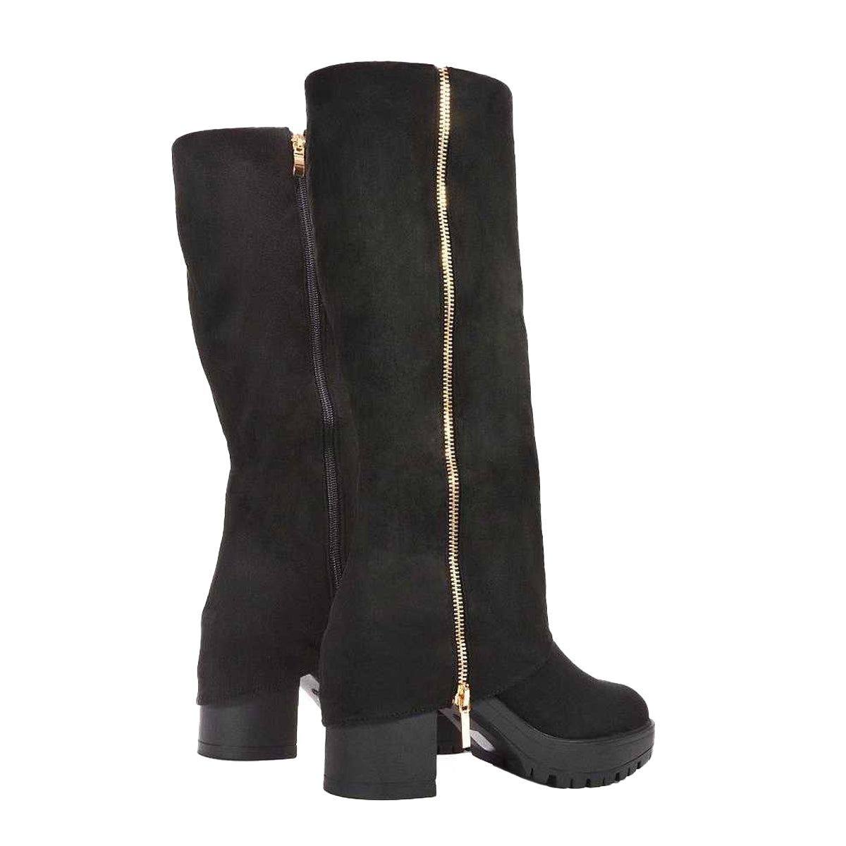 Jet Black - Back - XY London Womens-Ladies Juliana Faux Suede Chunky Knee-High Boots