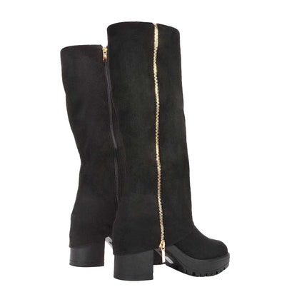 Jet Black - Back - XY London Womens-Ladies Juliana Faux Suede Chunky Knee-High Boots