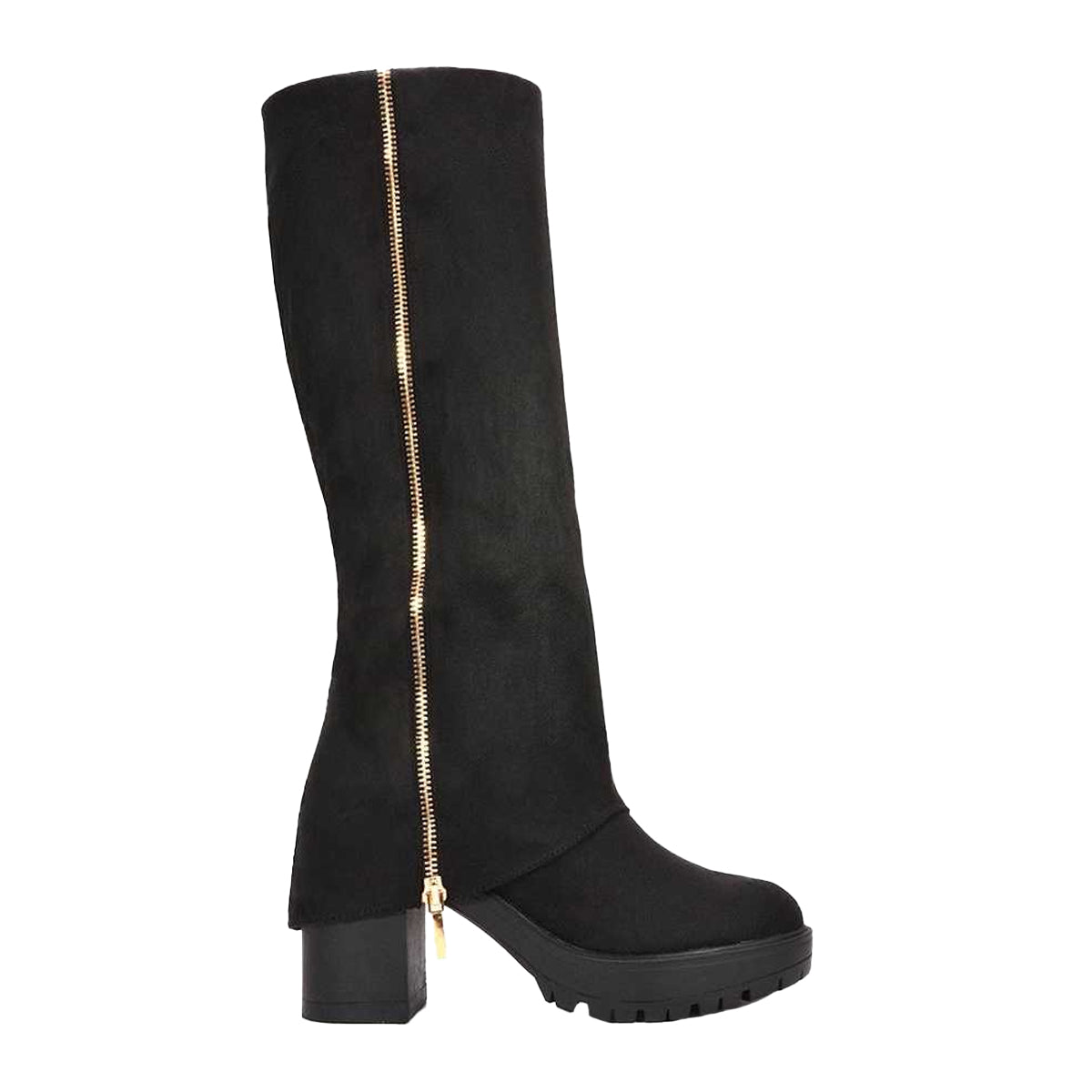 Jet Black - Side - XY London Womens-Ladies Juliana Faux Suede Chunky Knee-High Boots