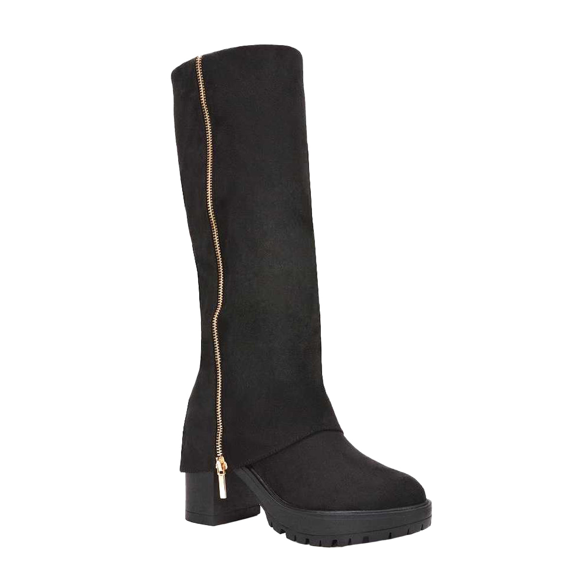 Jet Black - Front - XY London Womens-Ladies Juliana Faux Suede Chunky Knee-High Boots