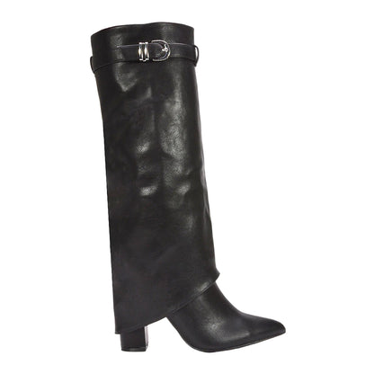 Black - Side - XY London Womens-Ladies Aaliyah Folded Collar Zipped Knee-High Boots