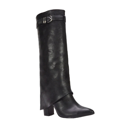 Black - Front - XY London Womens-Ladies Aaliyah Folded Collar Zipped Knee-High Boots