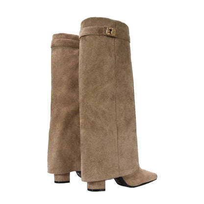 Taupe - Back - XY London Womens-Ladies Rayna Folded Collar Knee-High Boots