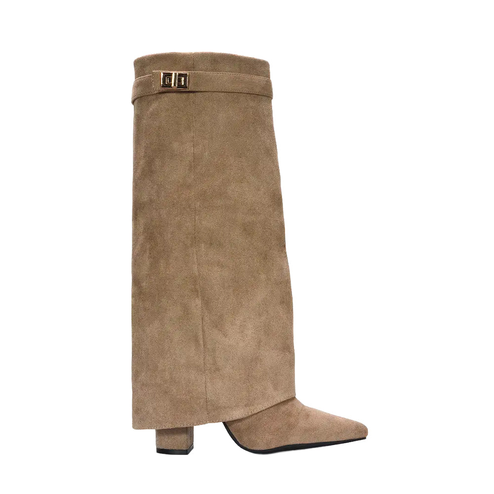 Taupe - Side - XY London Womens-Ladies Rayna Folded Collar Knee-High Boots