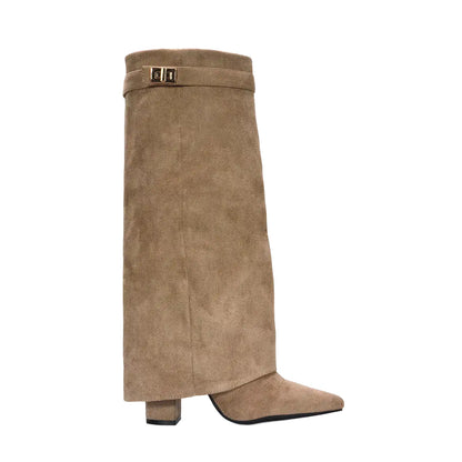 Taupe - Side - XY London Womens-Ladies Rayna Folded Collar Knee-High Boots
