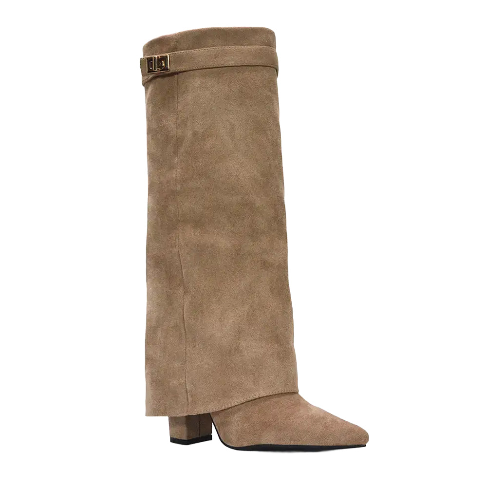 Taupe - Lifestyle - XY London Womens-Ladies Rayna Folded Collar Knee-High Boots