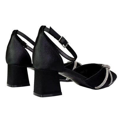 Black - Back - XY London Womens-Ladies Sarah Diamante Ankle Strap Court Shoes