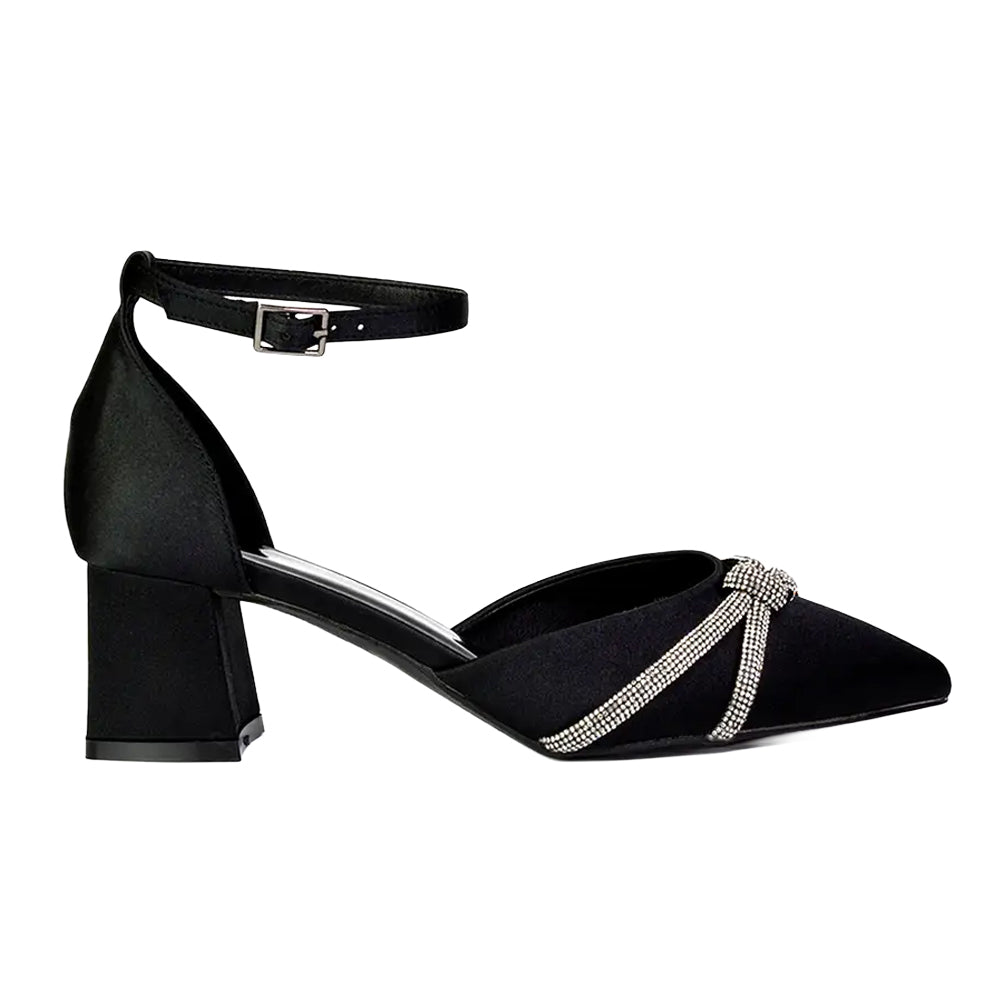 Black - Side - XY London Womens-Ladies Sarah Diamante Ankle Strap Court Shoes