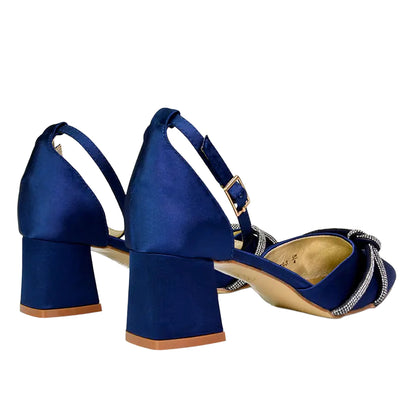 Navy - Back - XY London Womens-Ladies Sarah Diamante Ankle Strap Court Shoes