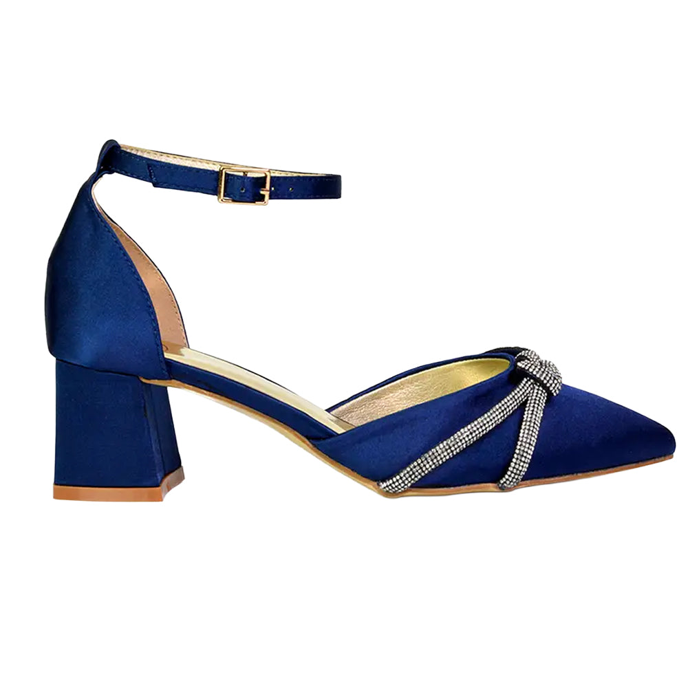 Navy - Side - XY London Womens-Ladies Sarah Diamante Ankle Strap Court Shoes