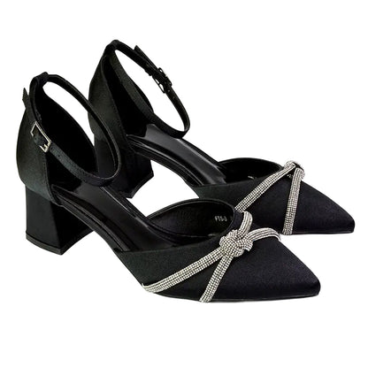 Black - Front - XY London Womens-Ladies Sarah Diamante Ankle Strap Court Shoes
