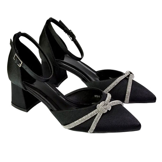 Black - Front - XY London Womens-Ladies Sarah Diamante Ankle Strap Court Shoes