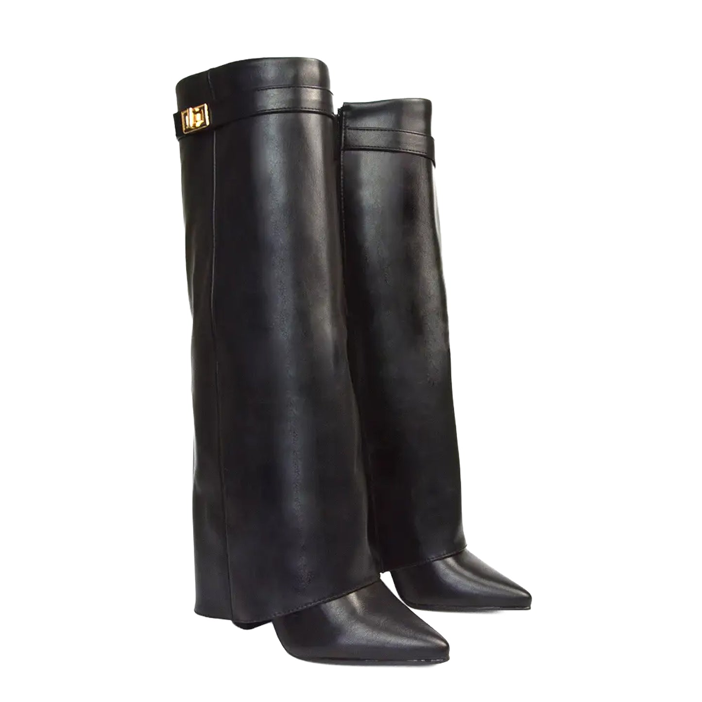 Jet Black - Side - XY London Womens-Ladies Rayna Folded Collar Knee-High Boots