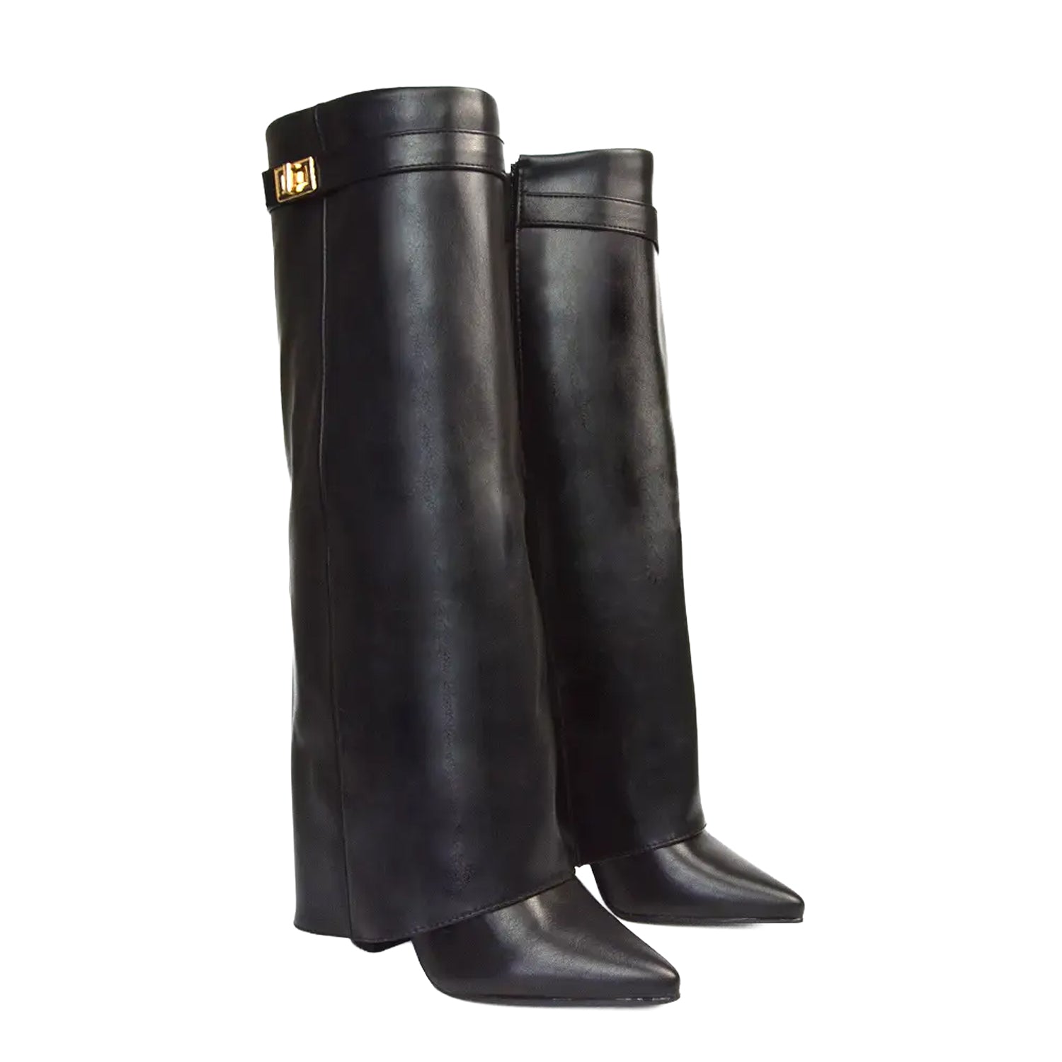 Jet Black - Side - XY London Womens-Ladies Rayna Folded Collar Knee-High Boots