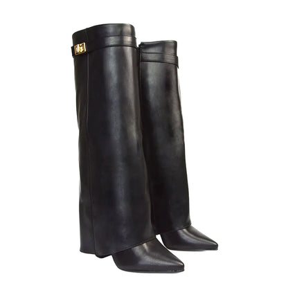 Jet Black - Side - XY London Womens-Ladies Rayna Folded Collar Knee-High Boots