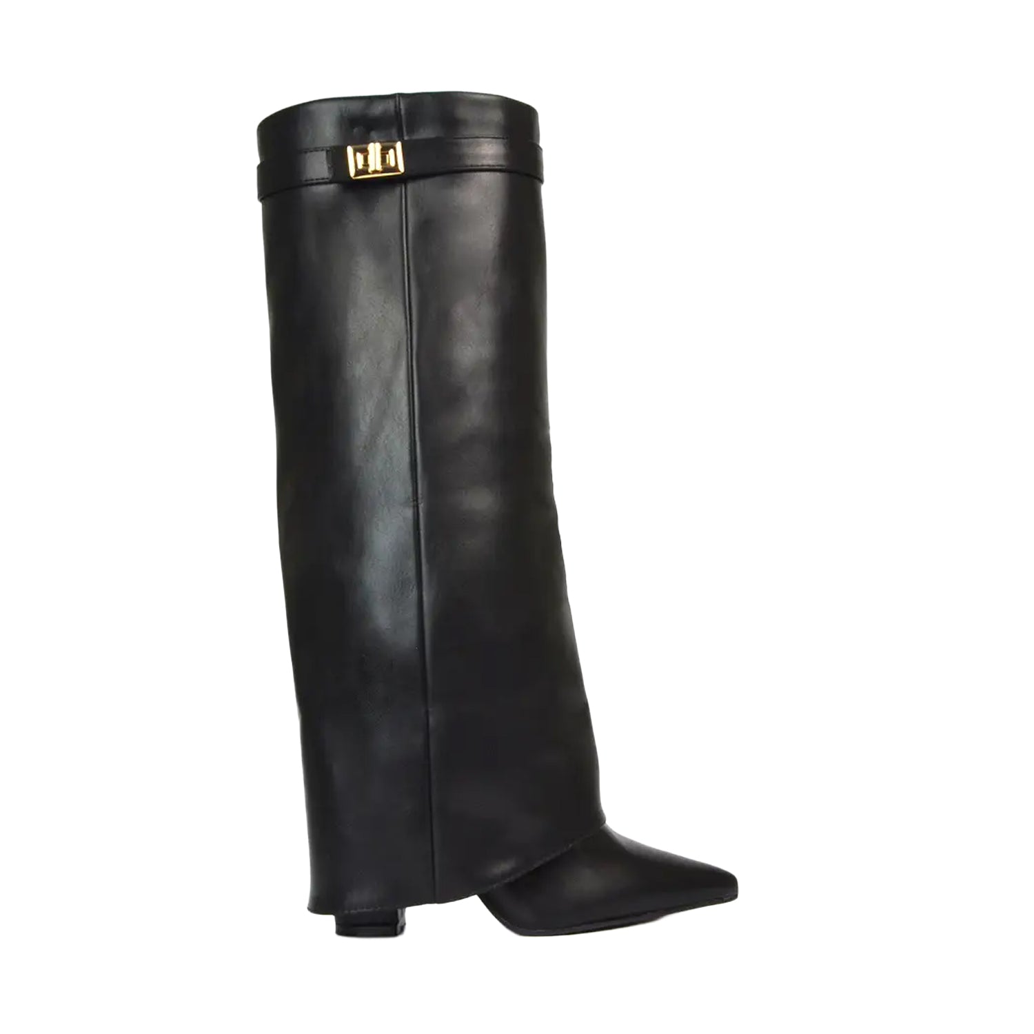 Jet Black - Pack Shot - XY London Womens-Ladies Rayna Folded Collar Knee-High Boots