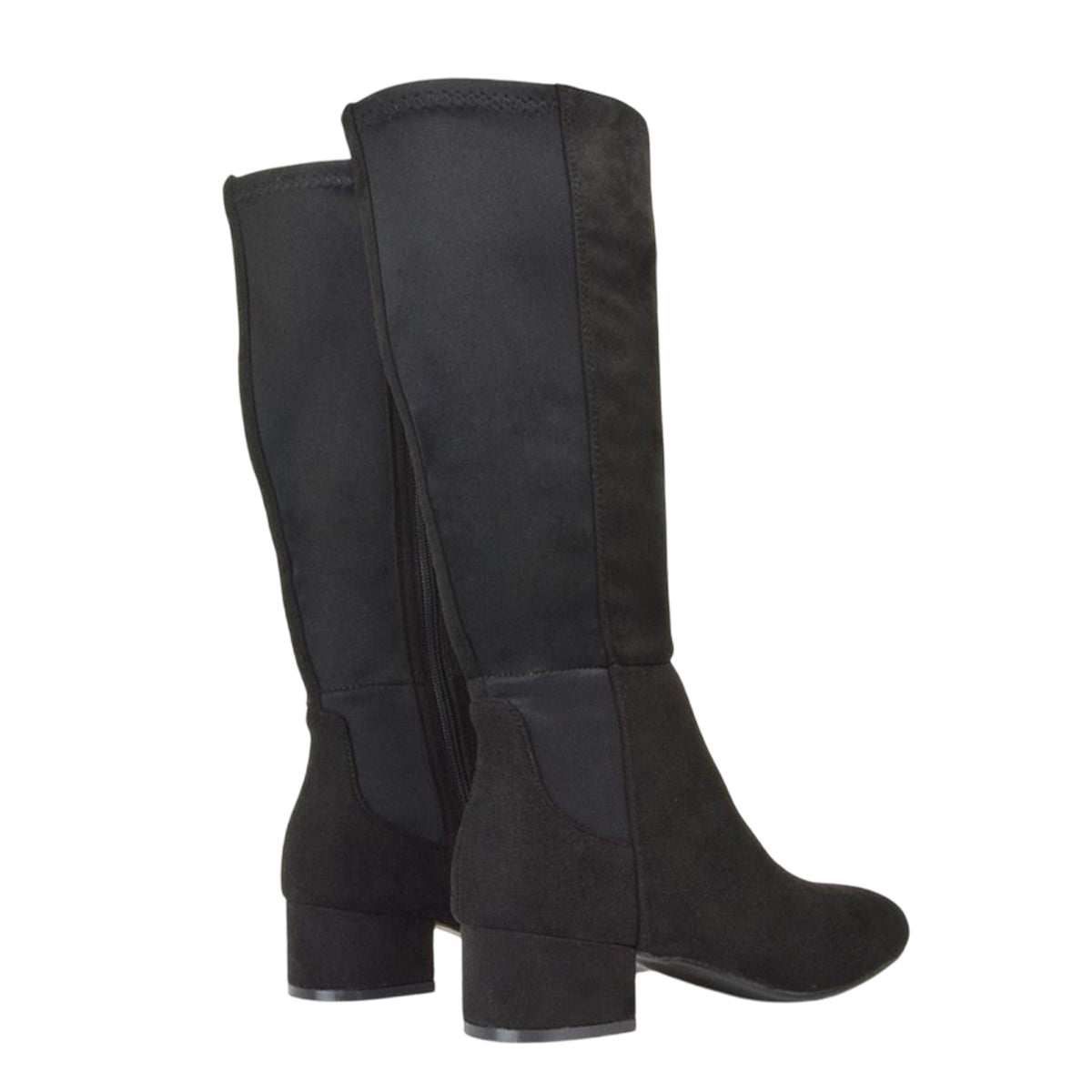 Jet Black - Back - XY London Womens-Ladies Hannah Zip Elasticated Shaft Low Block Heel Long Boots