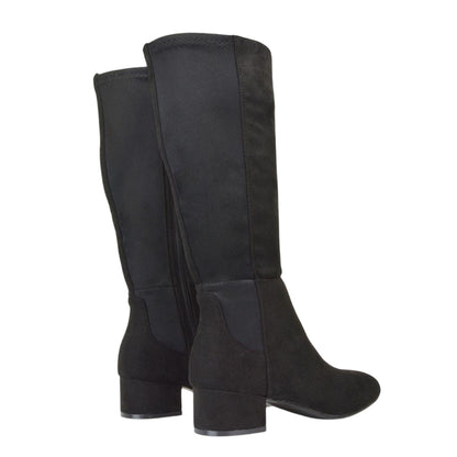 Jet Black - Back - XY London Womens-Ladies Hannah Zip Elasticated Shaft Low Block Heel Long Boots