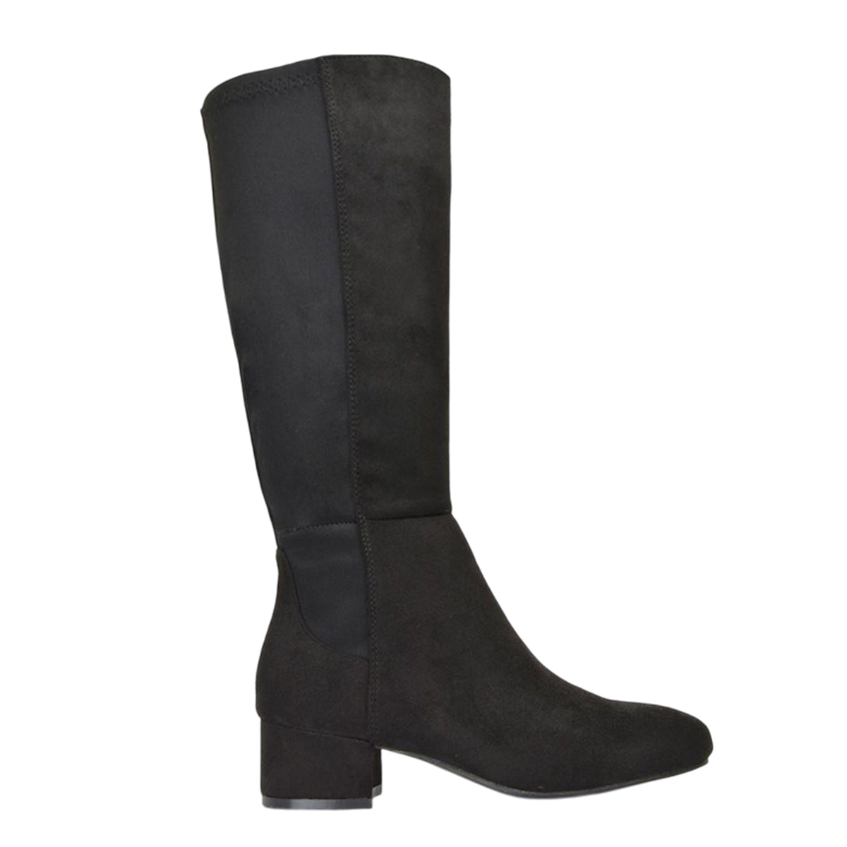 Jet Black - Side - XY London Womens-Ladies Hannah Zip Elasticated Shaft Low Block Heel Long Boots