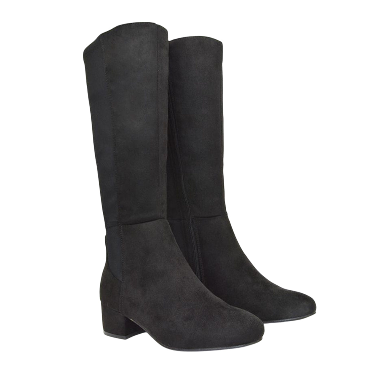 Jet Black - Front - XY London Womens-Ladies Hannah Zip Elasticated Shaft Low Block Heel Long Boots