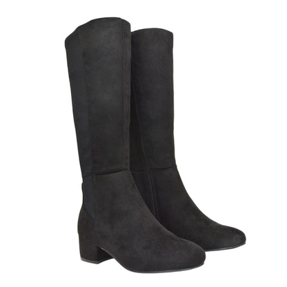 Jet Black - Front - XY London Womens-Ladies Hannah Zip Elasticated Shaft Low Block Heel Long Boots