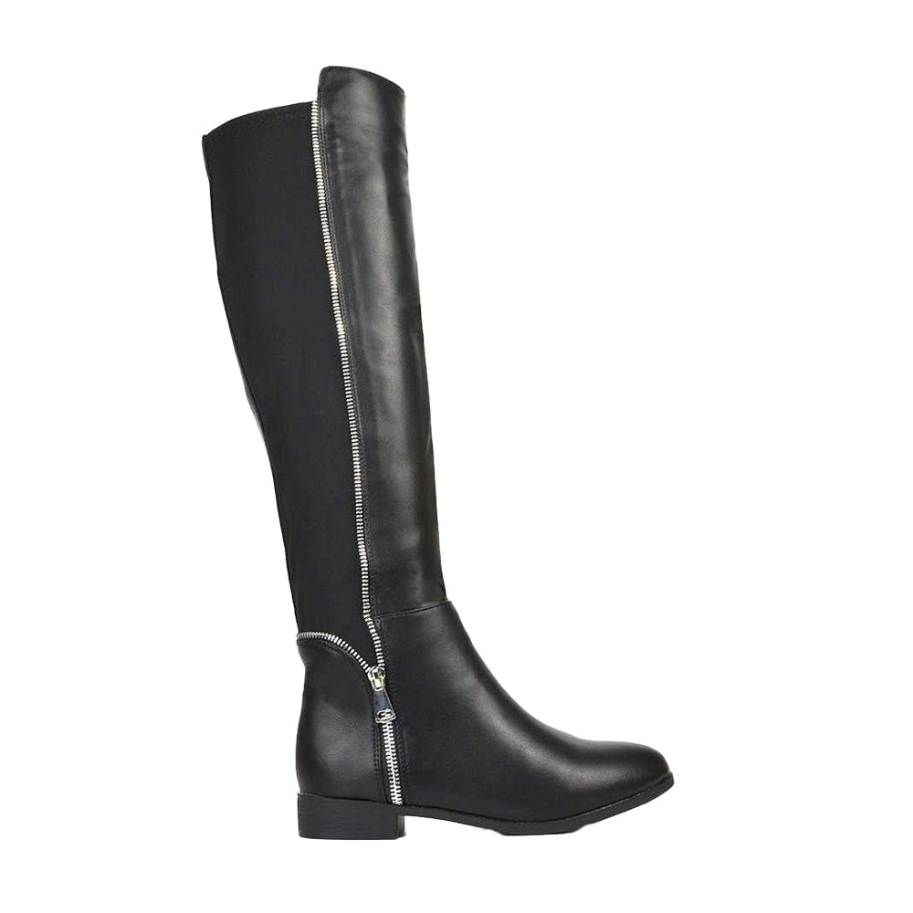 Black - Side - XY London Womens-Ladies Sutton Zip Stretch Calf Flat Knee-High Boots