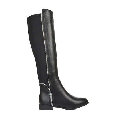 Black - Side - XY London Womens-Ladies Sutton Zip Stretch Calf Flat Knee-High Boots