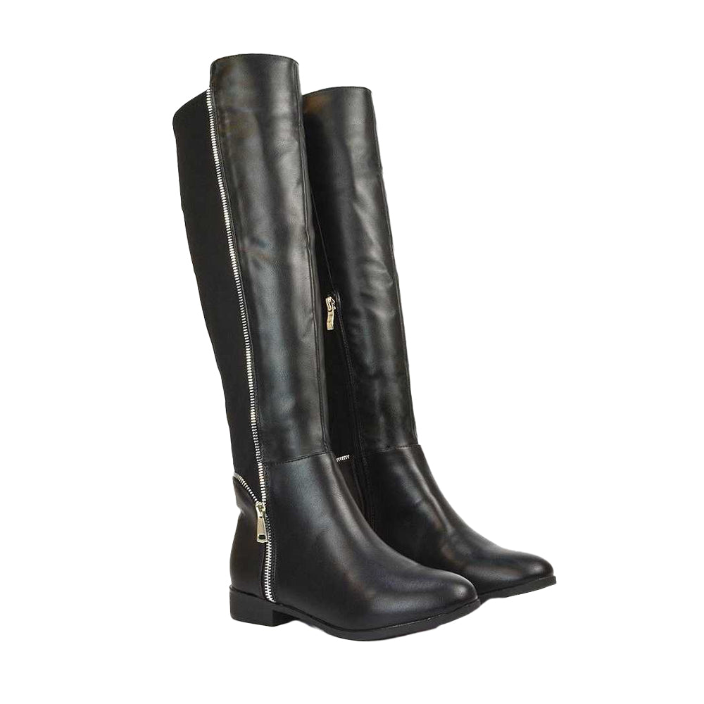 Black - Front - XY London Womens-Ladies Sutton Zip Stretch Calf Flat Knee-High Boots