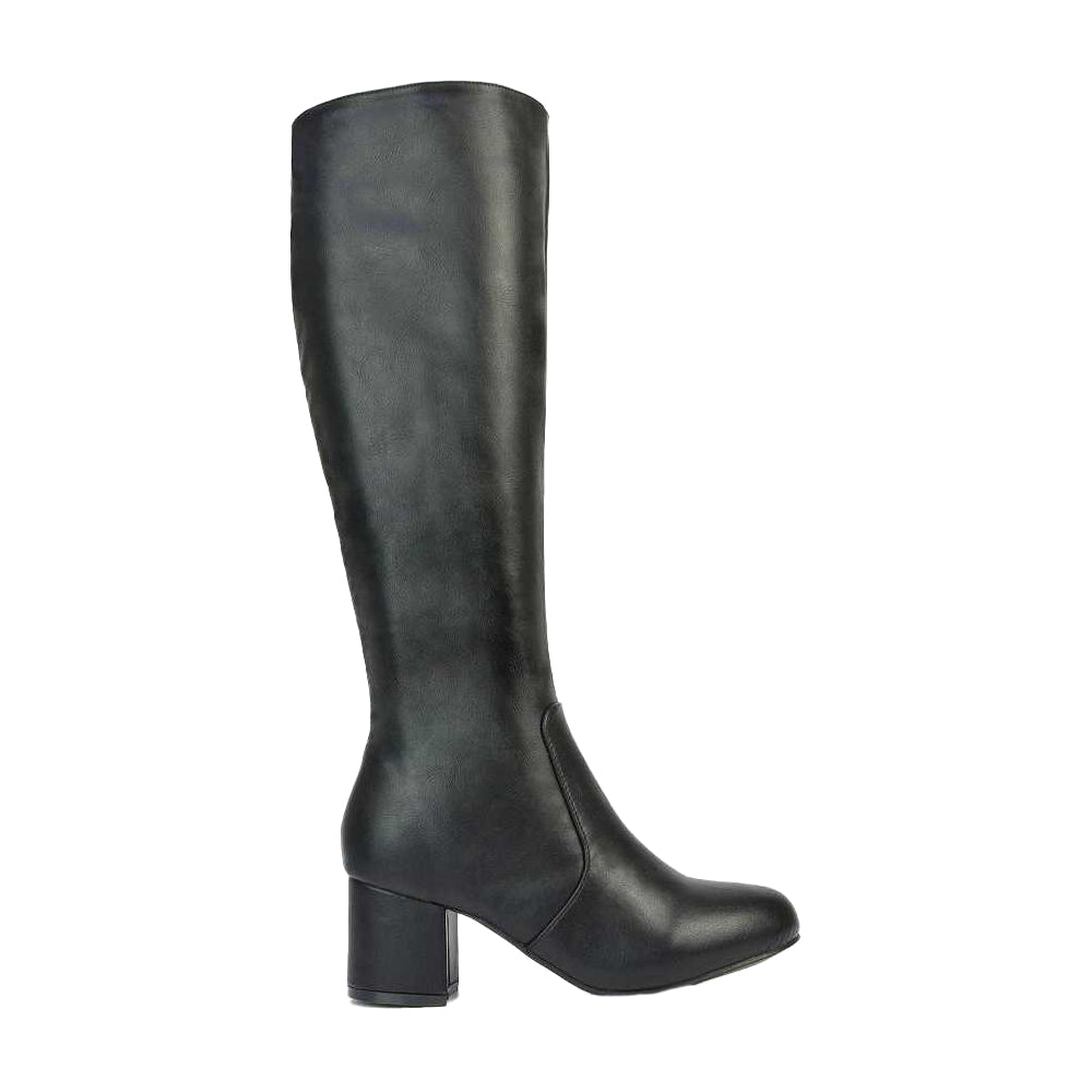 Black - Side - XY London Womens-Ladies Honey Ankle Zips Mid Block Heel Knee-High Boots