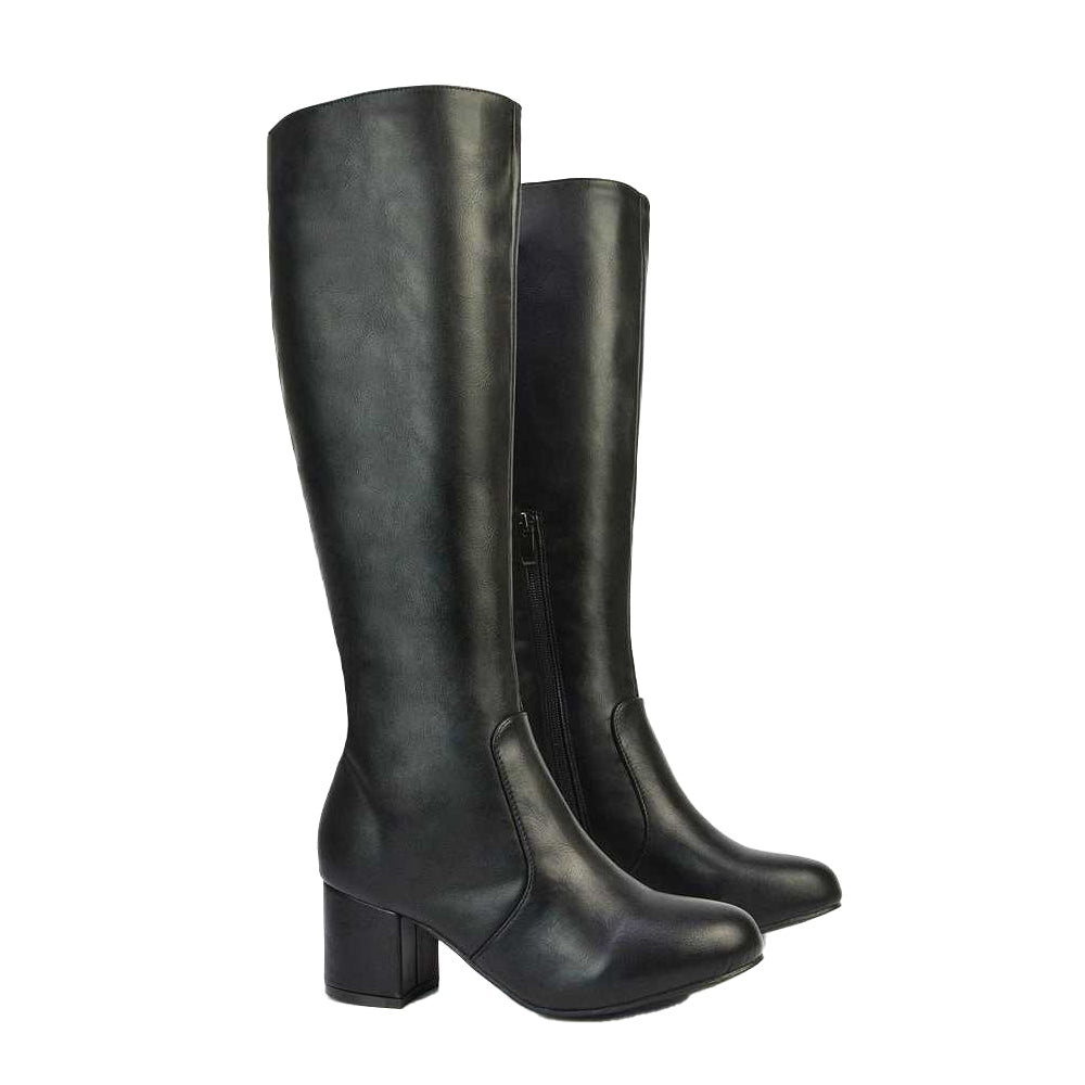 Black - Front - XY London Womens-Ladies Honey Ankle Zips Mid Block Heel Knee-High Boots