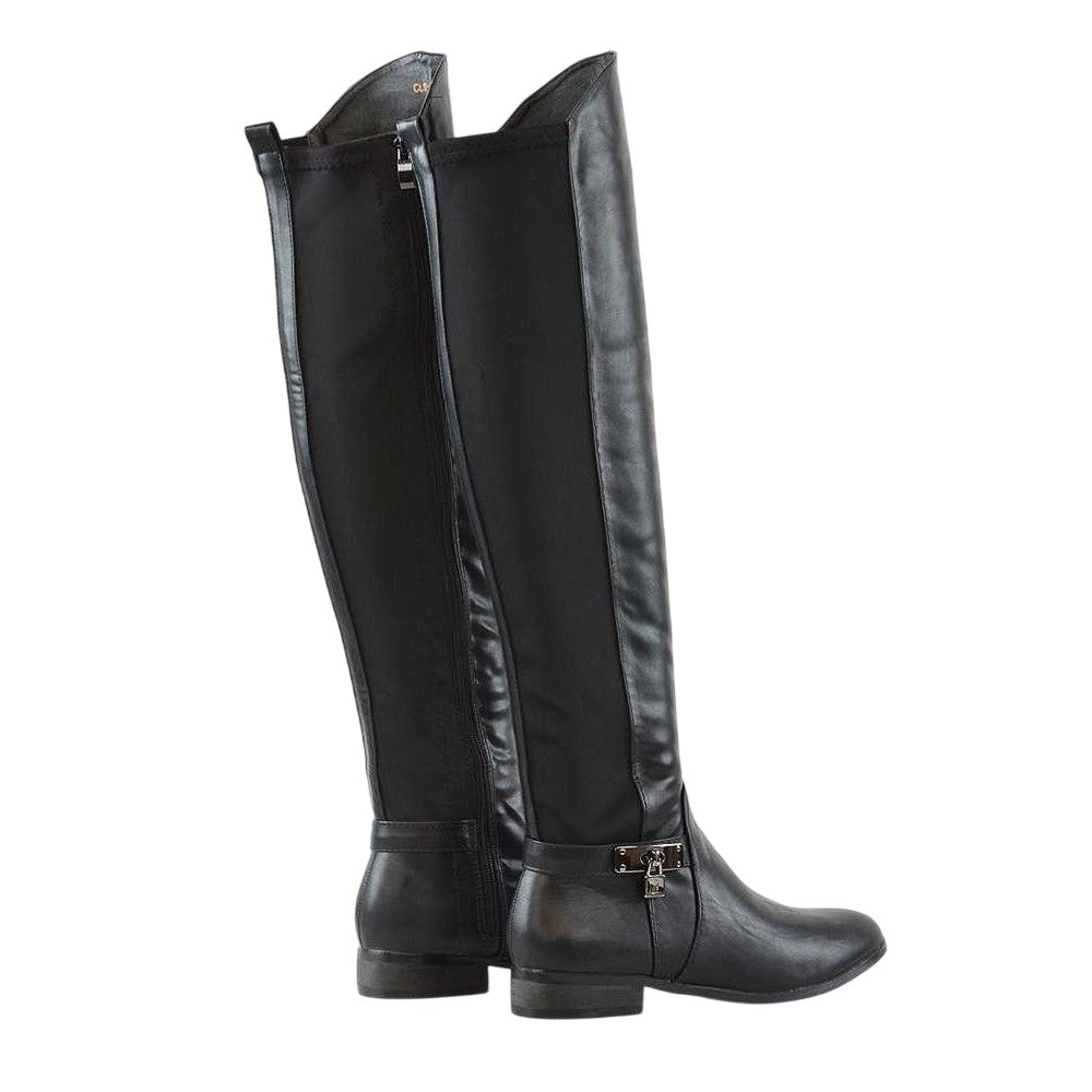 Black - Back - XY London Womens-Ladies Bella Zip Elasticated Flat Thigh-High Boots