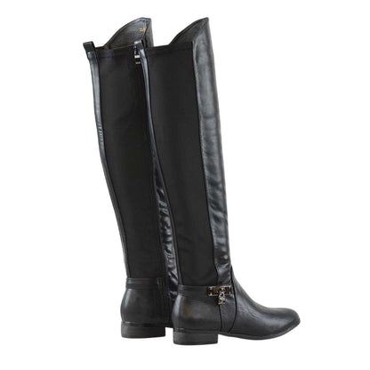 Black - Back - XY London Womens-Ladies Bella Zip Elasticated Flat Thigh-High Boots