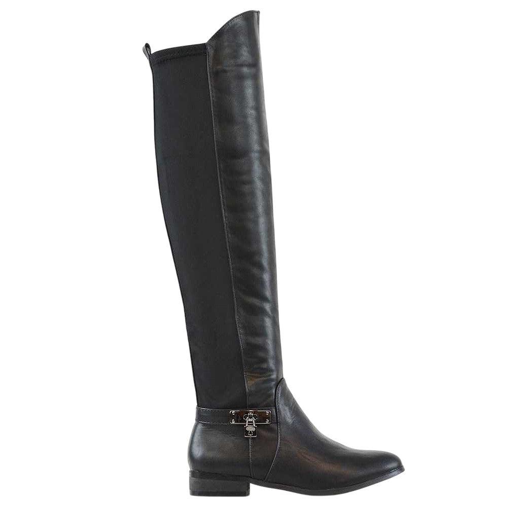 Black - Side - XY London Womens-Ladies Bella Zip Elasticated Flat Thigh-High Boots