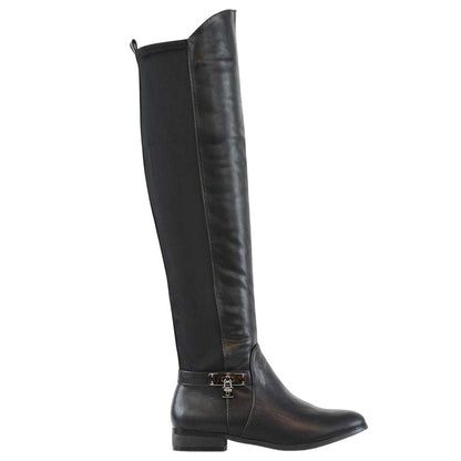 Black - Side - XY London Womens-Ladies Bella Zip Elasticated Flat Thigh-High Boots