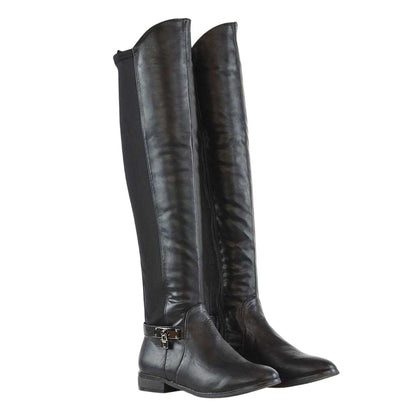 Black - Front - XY London Womens-Ladies Bella Zip Elasticated Flat Thigh-High Boots