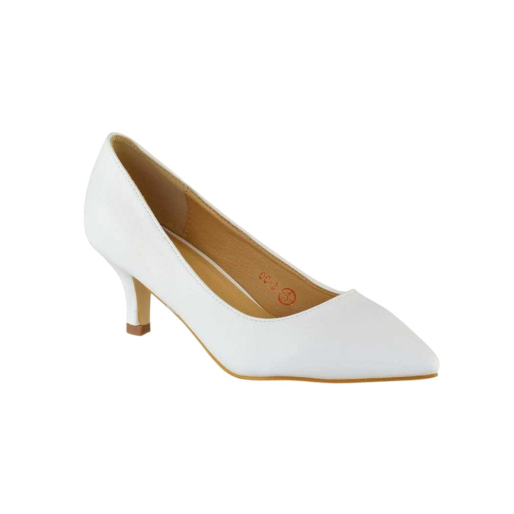 White - Side - XY London Womens-Ladies Cali Low Kitten Heel Court Shoes