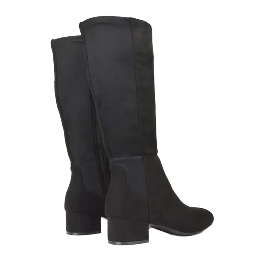Jet Black - Back - XY London Womens-Ladies Hannah Zip Elasticated Shaft Low Block Heel Long Boots