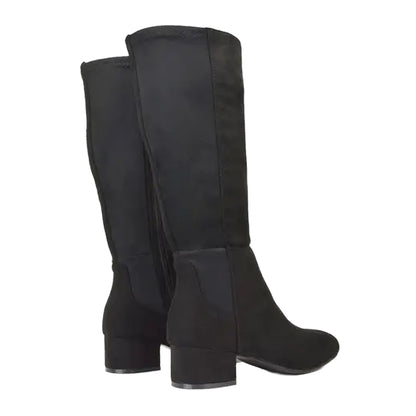 Jet Black - Back - XY London Womens-Ladies Hannah Zip Elasticated Shaft Low Block Heel Long Boots