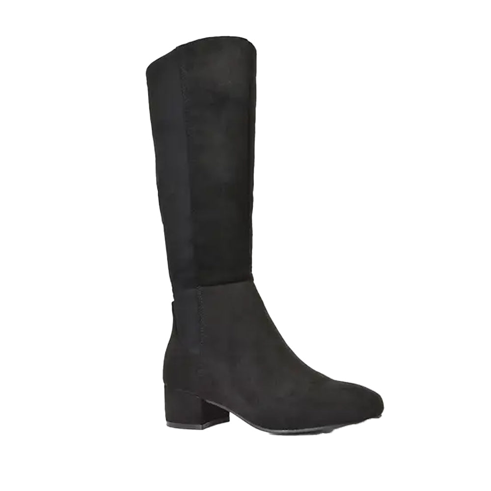 Jet Black - Side - XY London Womens-Ladies Hannah Zip Elasticated Shaft Low Block Heel Long Boots