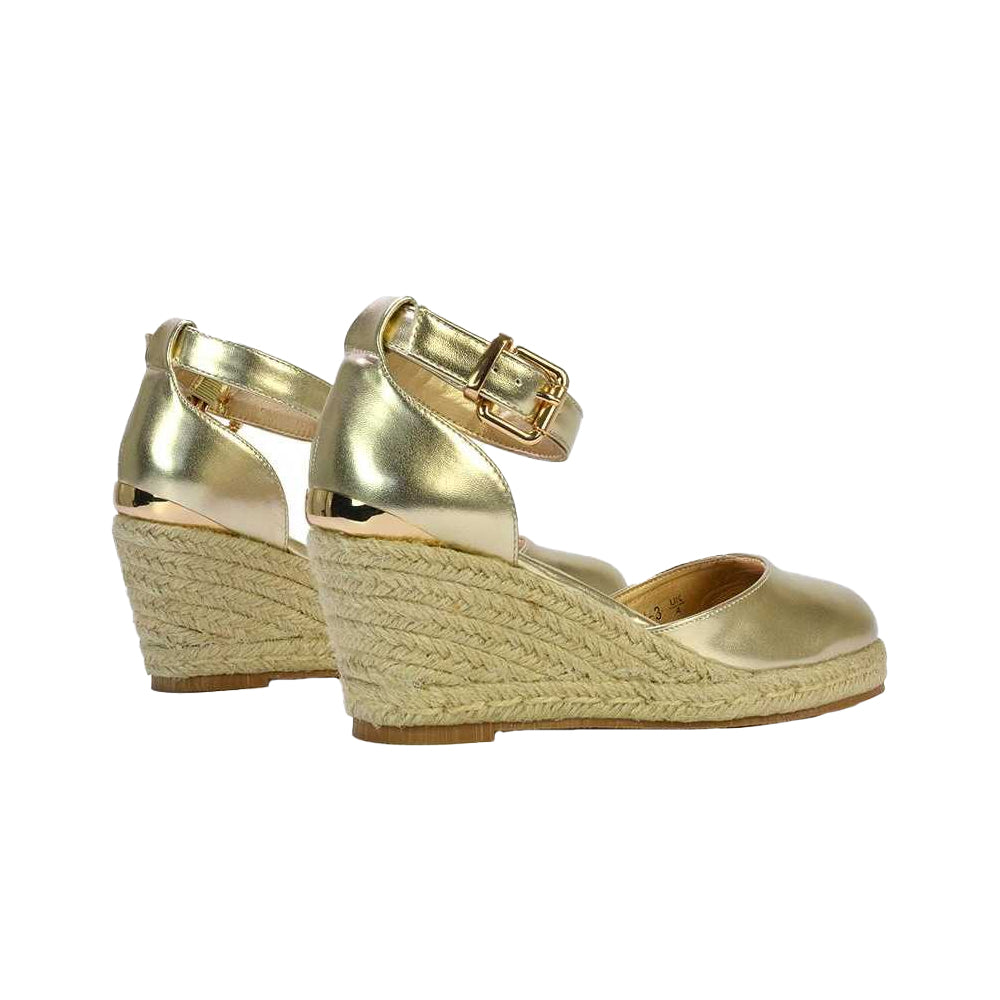 Metallic Gold - Back - XY London Womens-Ladies Forest Metallic Closed Toe Wedge Espadrilles